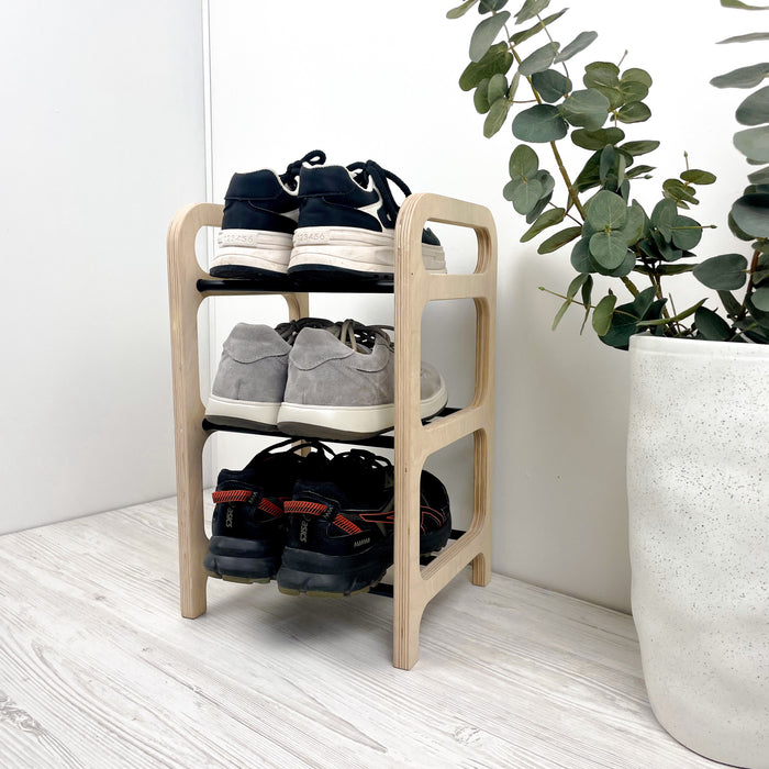 3-рівнева дерев'яна взуттєва полиця для підлоги | Натуральний + чорний