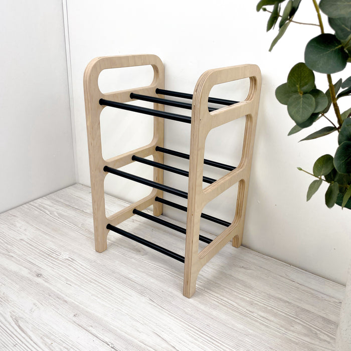 3-рівнева дерев'яна взуттєва полиця для підлоги | Натуральний + чорний