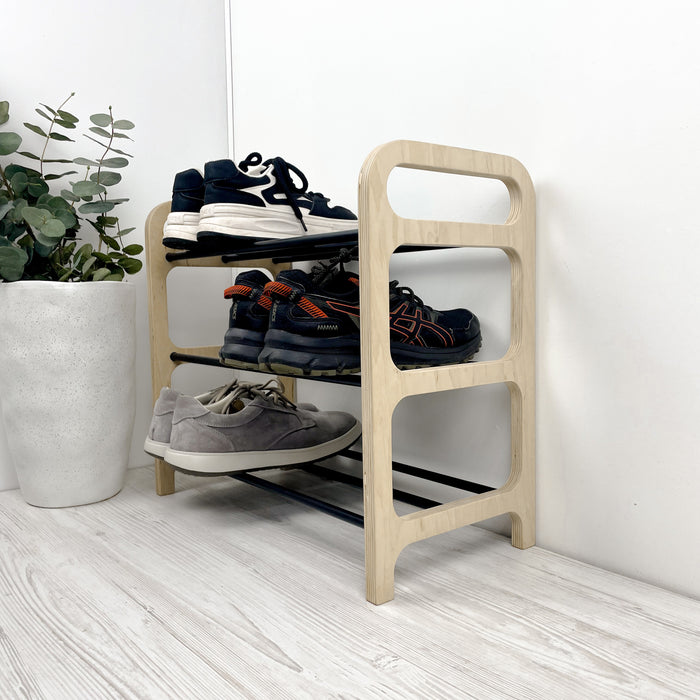 3-рівнева дерев'яна взуттєва полиця для підлоги | Натуральний + чорний