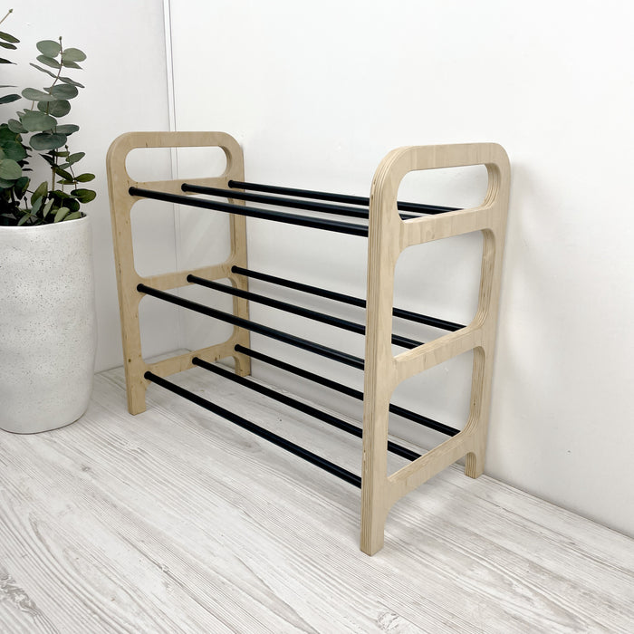 3-рівнева дерев'яна взуттєва полиця для підлоги | Натуральний + чорний