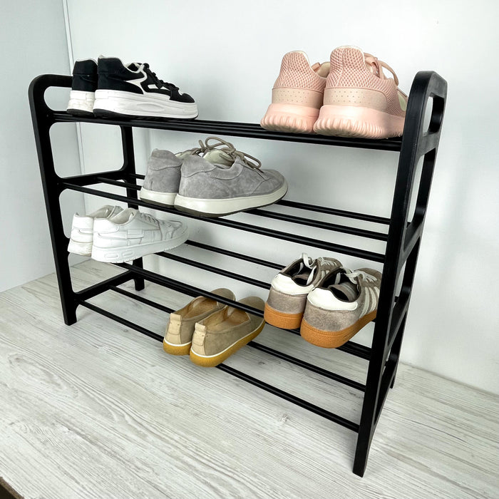 Стелаж для взуття з натурального дерева на 4 яруси — підлогова чорна обувниця