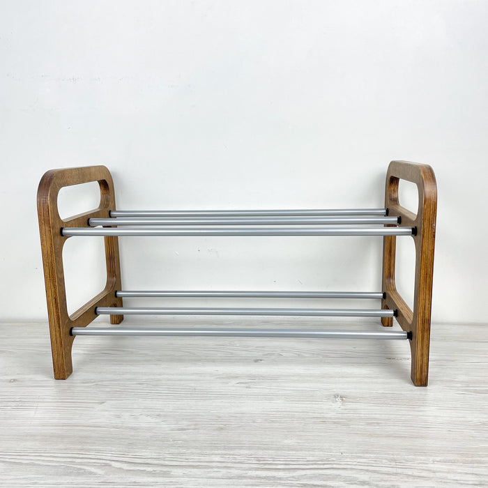 Двоярусна дерев'яна полиця для взуття | Горіх + сірий