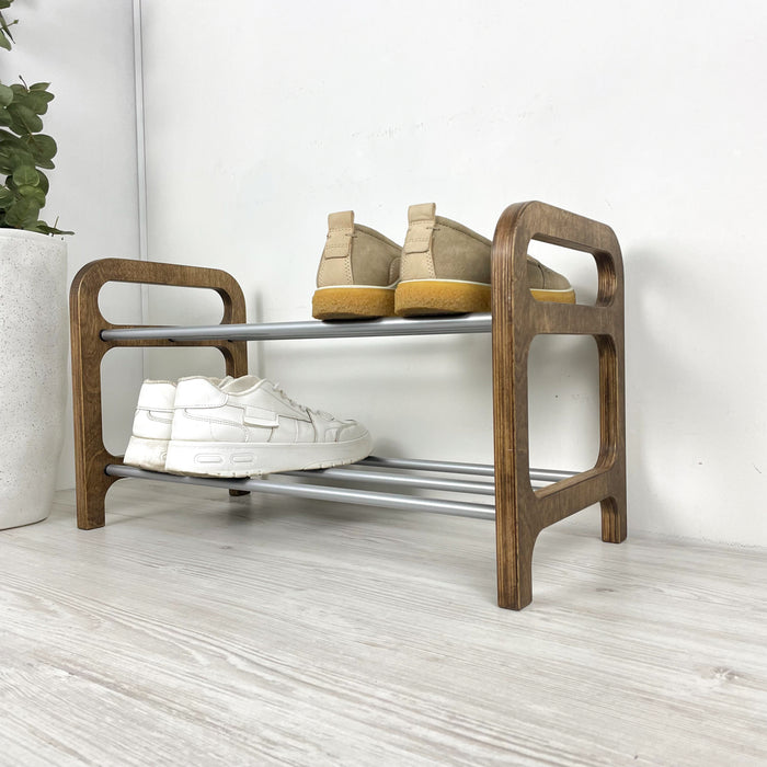 Двоярусна дерев'яна полиця для взуття | Горіх + сірий