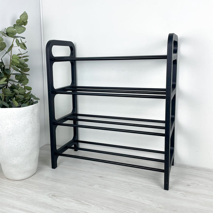 Стелаж для взуття з натурального дерева на 4 яруси — підлогова чорна обувниця