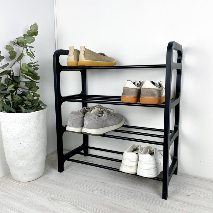 Стелаж для взуття з натурального дерева на 4 яруси — підлогова чорна обувниця