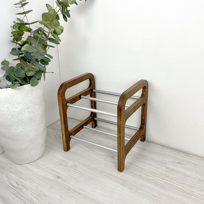 Двоярусна дерев'яна полиця для взуття | Горіх + сірий