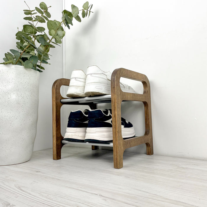 Двоярусна дерев'яна полиця для взуття | Горіх + сірий