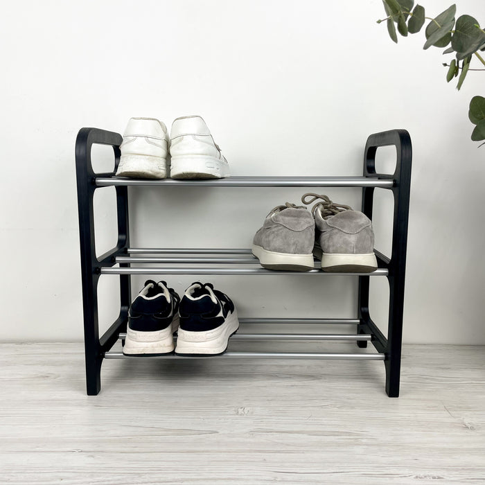 Стильна дерев'яна обувничка на 3 яруси | Чорний + сірий