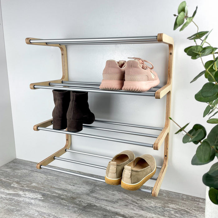 Стильна взуттєва полиця на стіну — натуральна береза та сірий алюміній