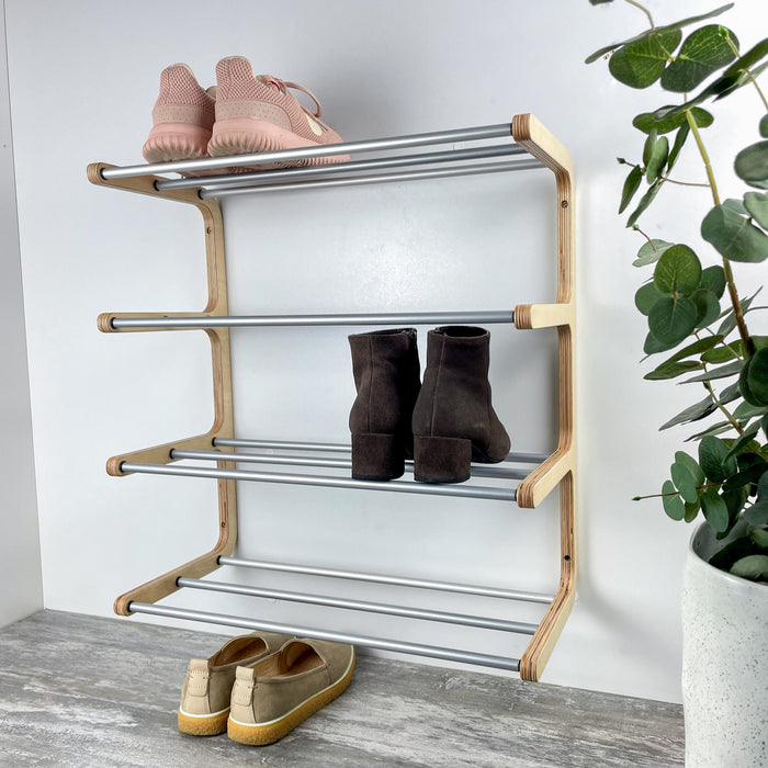 Стильна взуттєва полиця на стіну — натуральна береза та сірий алюміній