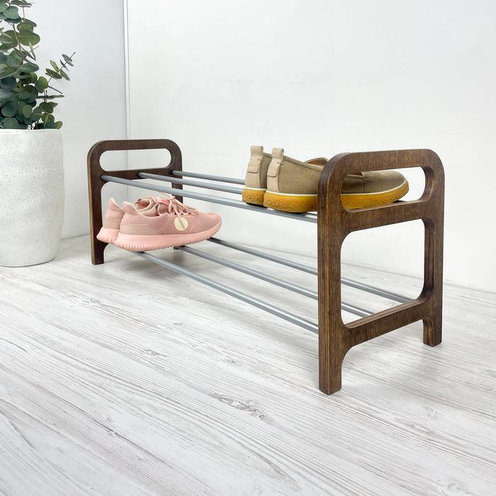 Двоярусна дерев'яна полиця для взуття | Горіх + сірий