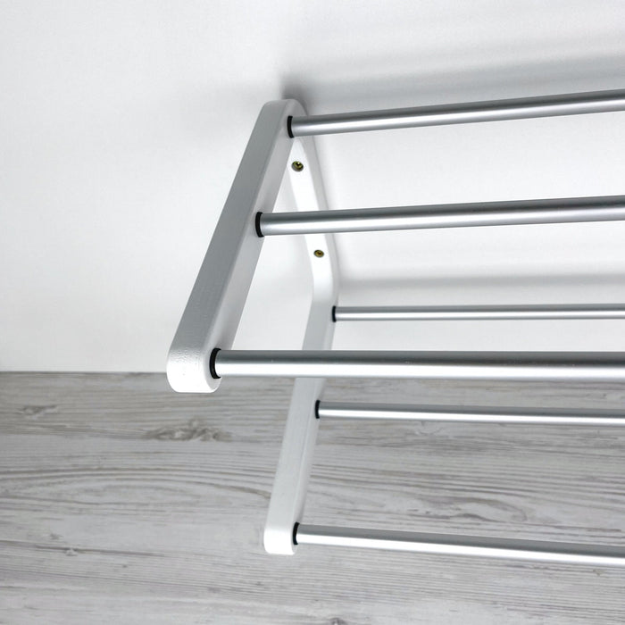 2 Tier White Wood Shoe Shelf for Wall | Silver Rods - Image 5