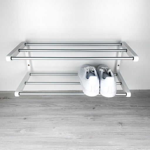 2 Tier White Wood Shoe Shelf for Wall | Silver Rods - Image 1