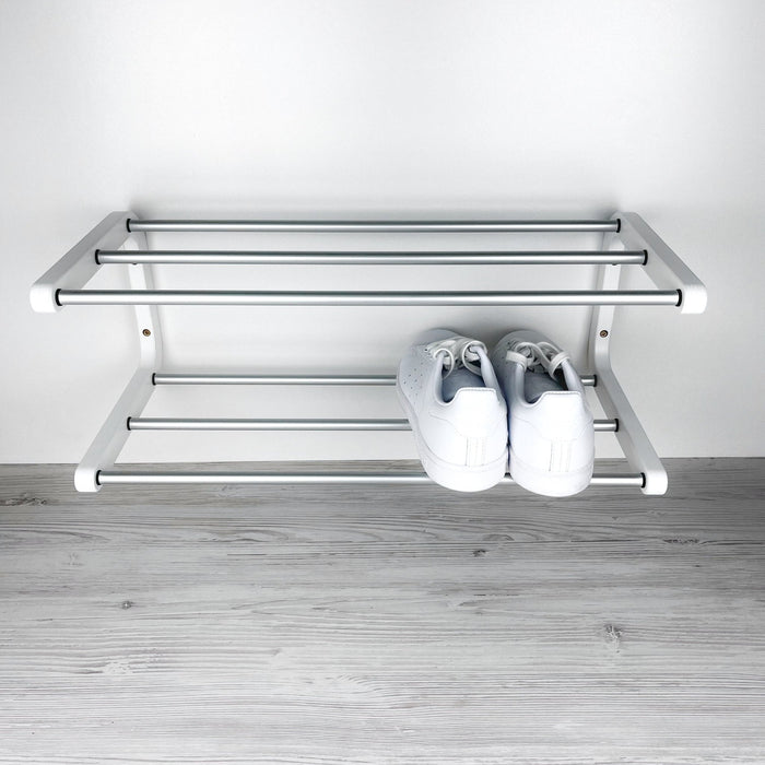 2 Tier White Wood Shoe Shelf for Wall | Silver Rods - Image 1