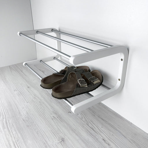 2 Tier White Wood Shoe Shelf for Wall | Silver Rods - Image 2