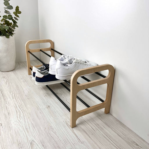 2 Tier Wood Shoe Shelf for Floor | Natural + Black Rods - Image 1