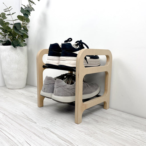 2 Tier Wood Shoe Shelf for Floor | Natural + Black Rods - Image 2