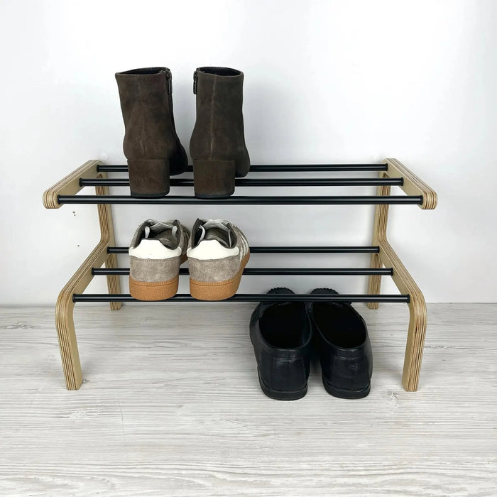 2 Tier Small Wooden Shoe Rack | Natural + Black Rods - Image 5