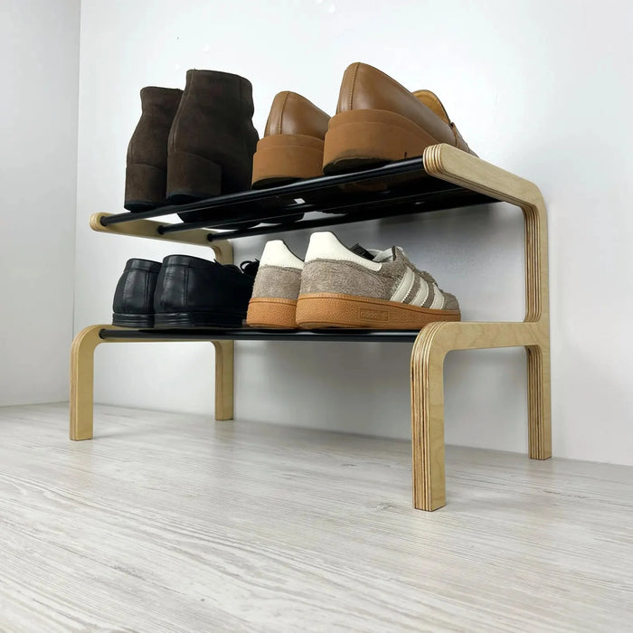 2 Tier Small Wooden Shoe Rack | Natural + Black Rods - Image 4