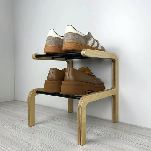 2 Tier Small Wooden Shoe Rack | Natural + Black Rods - Image 2