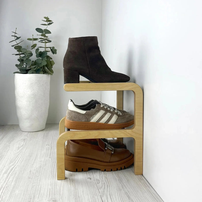 2 Tier Small Wooden Shoe Rack | Natural + Black Rods - Image 3
