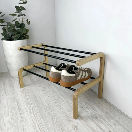 2 Tier Small Wooden Shoe Rack | Natural + Black Rods - Image 1