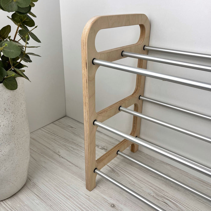 3 Tier Wood Shoe Rack for Floor | Natural + Silver Rods - Image 3