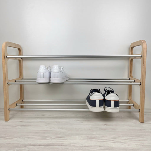 3 Tier Wood Shoe Rack for Floor | Natural + Silver Rods - Image 2