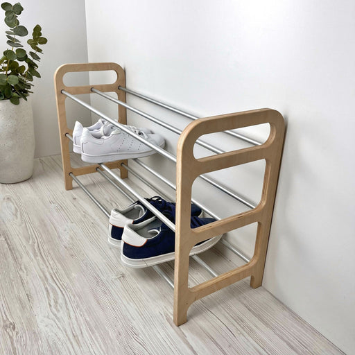 3 Tier Wood Shoe Rack for Floor | Natural + Silver Rods - Image 1