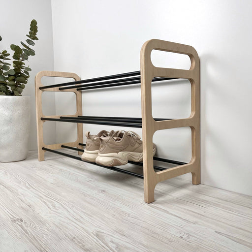 3 Tier Wooden Shoe rack for Floor | Natural + Black Rods - Image 1