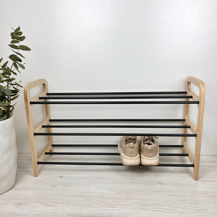 3 Tier Wooden Shoe rack for Floor | Natural + Black Rods - Image 2