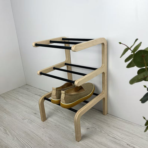 3 Tier Small Freestanding Shoe Rack | Natural + Black Rods - Image 2