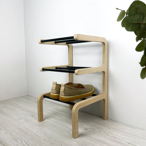 3 Tier Small Freestanding Shoe Rack | Natural + Black Rods - Image 1
