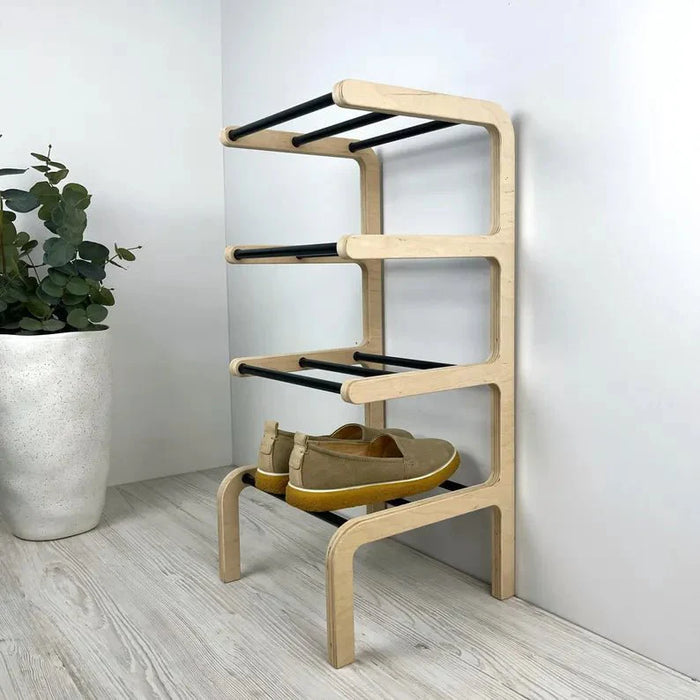 4 Tier Vertical Shoe Storage Rack | Natural + Black Rods - Image 2