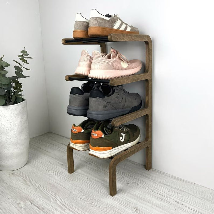 4 - Tier Narrow Shoe Rack for Entryway | Walnut + Black Rods - Image 1