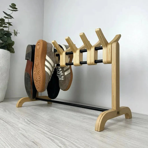 Double Sided Wooden Shoe Stand | Natural + Black Rods - Image 1