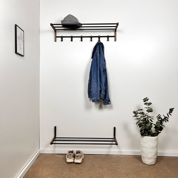 Настінна вішалка на 6 гачків та полиця для взуття, набір горіх