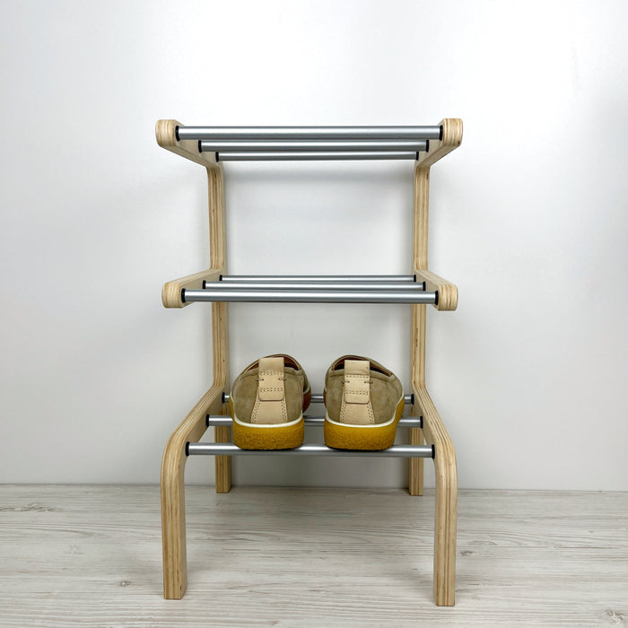 Вертикальна полиця для взуття на 3 пари: натуральна береза та алюміній