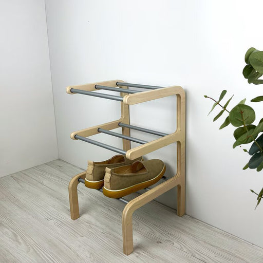 3 Tier Wooden Small Shoe Rack | Natural + Silver Rods - Image 1