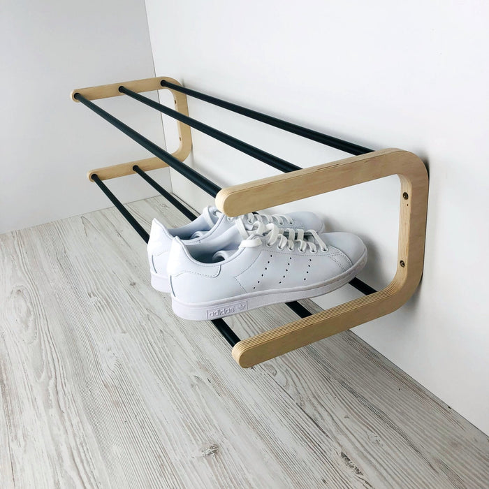 Double Tier Shoe Rack for Wall | Natural + Black Rods - Image 1