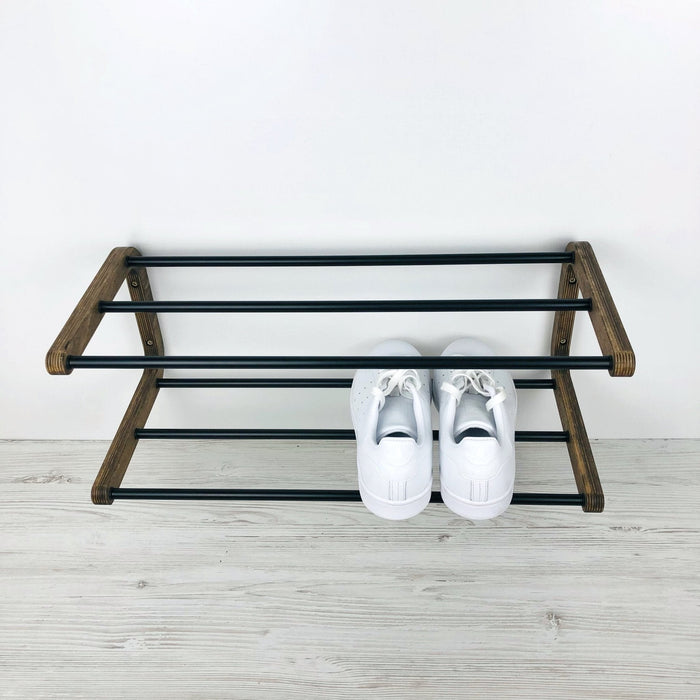 Double Tier Shoe Rack for Wall | Walnut + Black Rods - Image 3