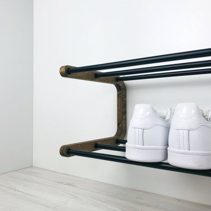 Double Tier Shoe Rack for Wall | Walnut + Black Rods - Image 2