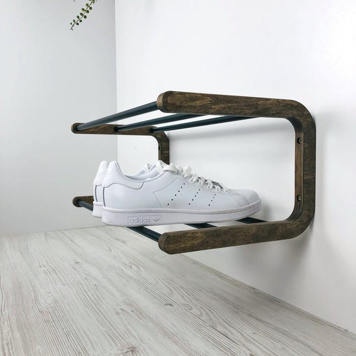 Double Tier Shoe Rack for Wall | Walnut + Black Rods - Image 4