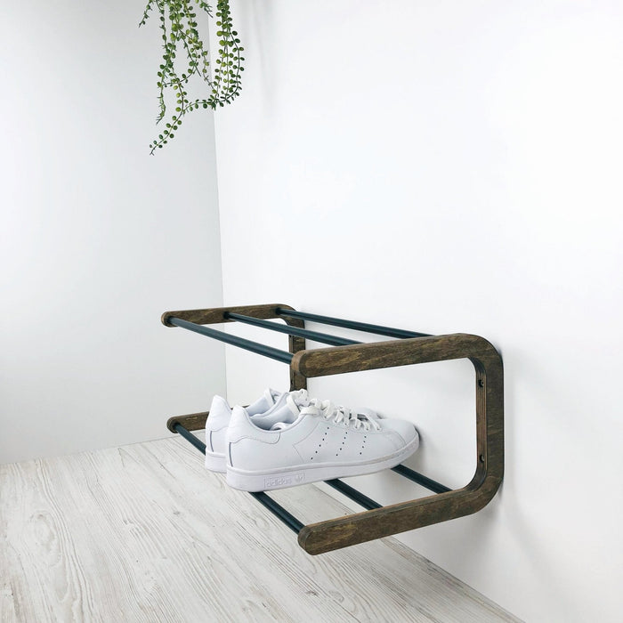 Double Tier Shoe Rack for Wall | Walnut + Black Rods - Image 1