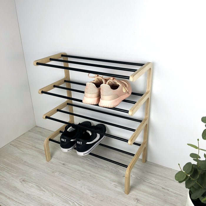 Entryway Shoe Storage Rack with Shelves | Natural + Black Rods | 4 Tiers - Image 1
