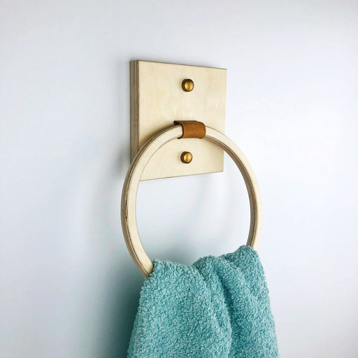 Leather & Wood Hand Towel Holder Ring | Natural - Image 1