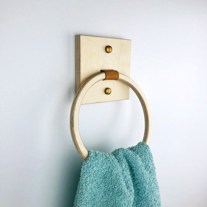Leather & Wood Hand Towel Holder Ring | Natural - Image 1