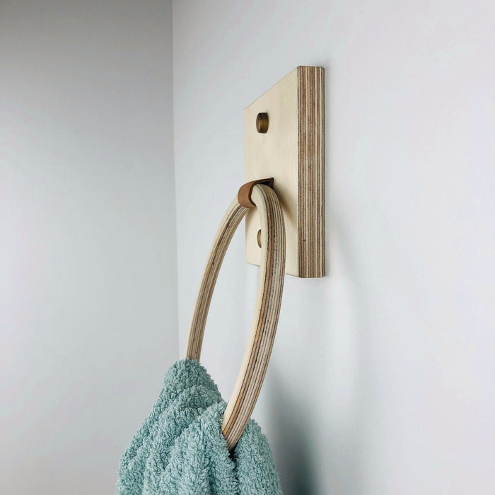 Leather & Wood Hand Towel Holder Ring | Natural - Image 2