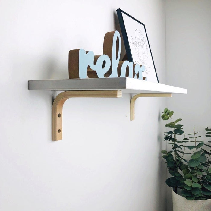 Modern White Floating Shelf with Wood Brackets - Image 1