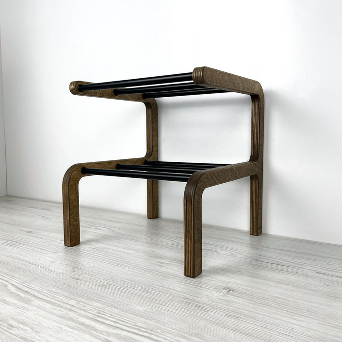 Small Double - Layer Wooden Shoe Shelf | Walnut + Black Rods - Image 2